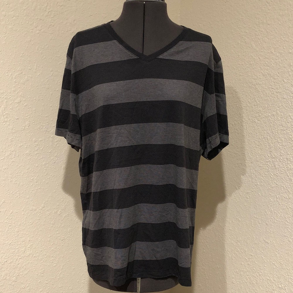 Men's Black and Gray Striped V-Neck Shirt